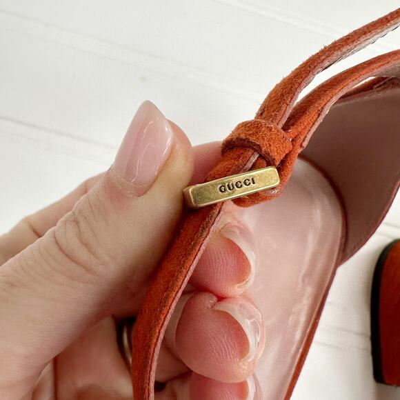 Gucci Horsebit Liliane Flat Suede Sandals Orange Gold Ankle Cuff Strap 37 - Picture 6 of 11